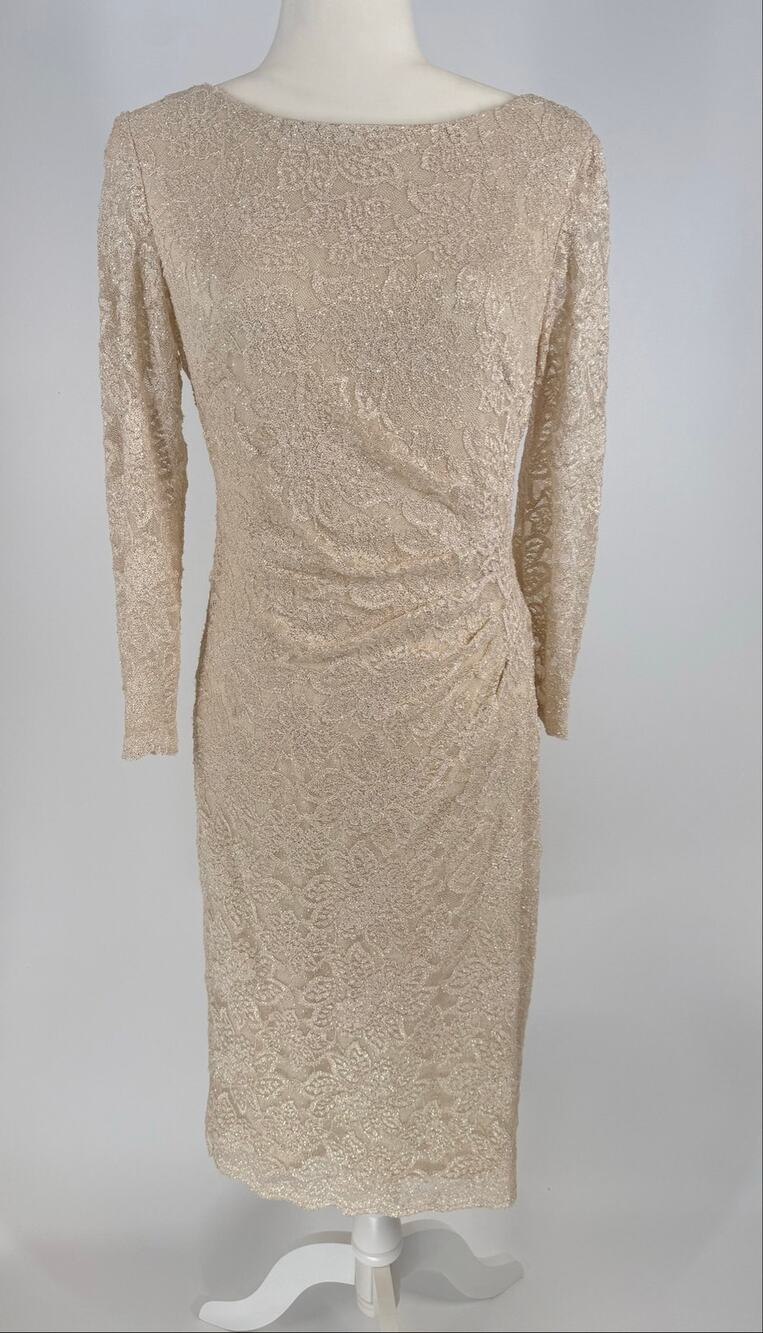 Jessica Howard Size 6 Champagne Metallic Lace Ruched Sheath Cocktail Dress